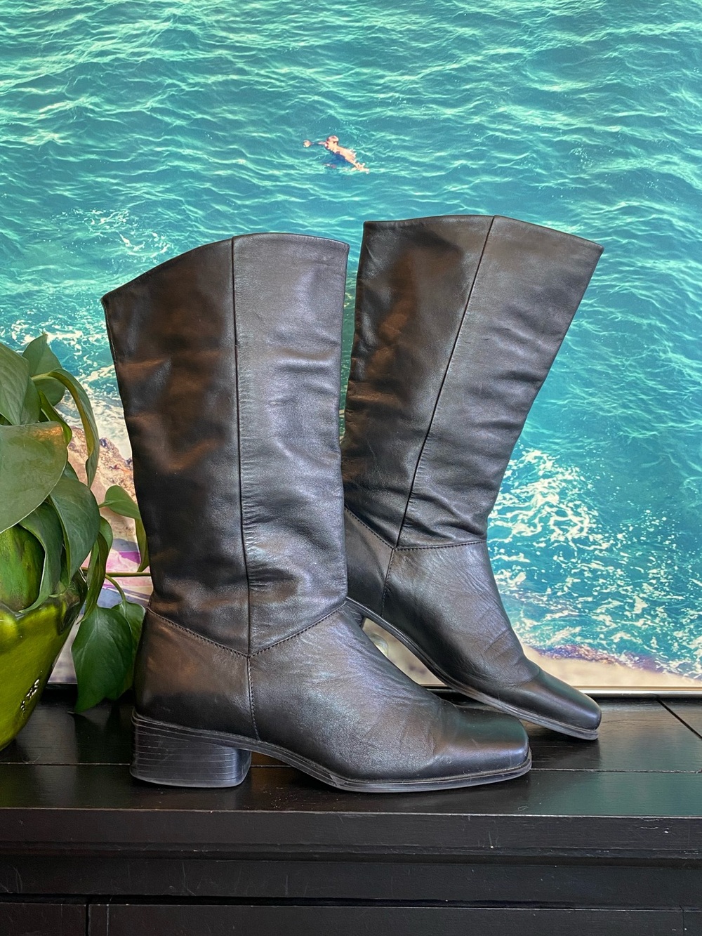 Life Stride Studio Black Leather Fold-over/Cuff Style Square Toed Boots